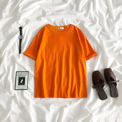 Summer Tee Shirt Solid Color Basic T-Shirt Women Casual O-neck Harajuku Top Korean Hipster Cotton Basic Tshirt