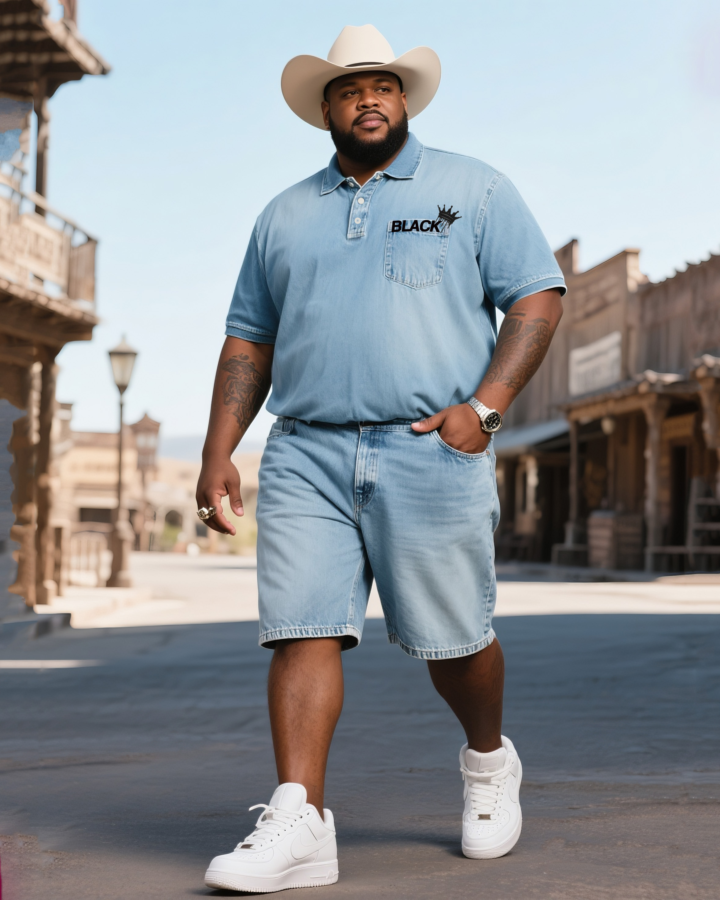 Big Shit Fashion Street Simple Printed Polo Short Sleeve Shorts Denim Suit