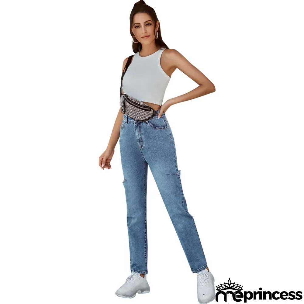 Stylish Blue Ripped High Waist Regular Jeans