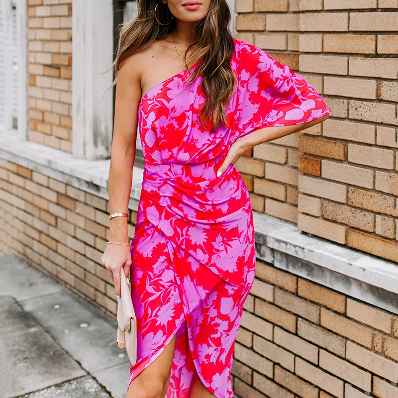 Sexy Slim Slanted Shoulder Open Back Print Dress