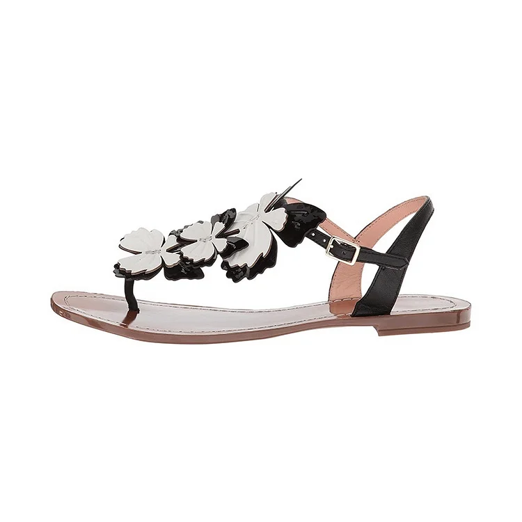 Black and White Open Toe Flat Thong Sandals Vdcoo