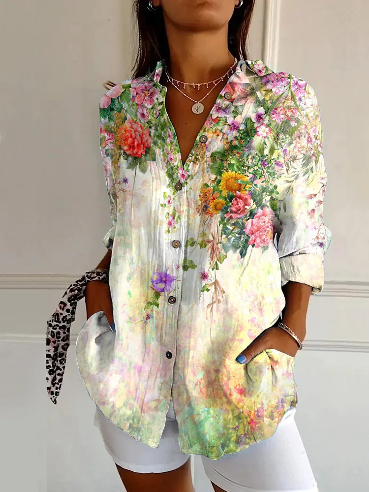 Vintage Floral Art Print Casual Long Sleeve Shirt