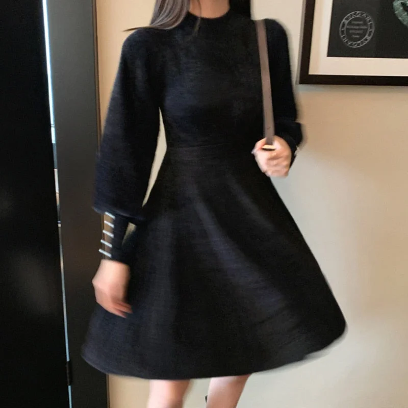 High Quality Autumn Winter Knitted Sweater Dress Women Korean Sweet Vestidos Long Sleeve Button Casual Pull Mini Dress For Women