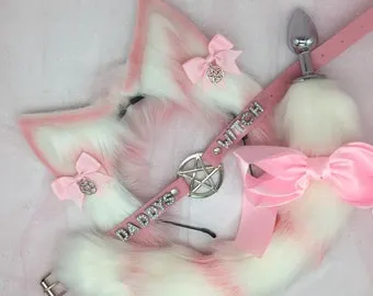 18+ Mature Pet Play Starter Set ! Fox Kitty pink white Ears Collar Kitten  Cat Anal Butt Plug Tail bdsm ddlg cosplay daddys witch