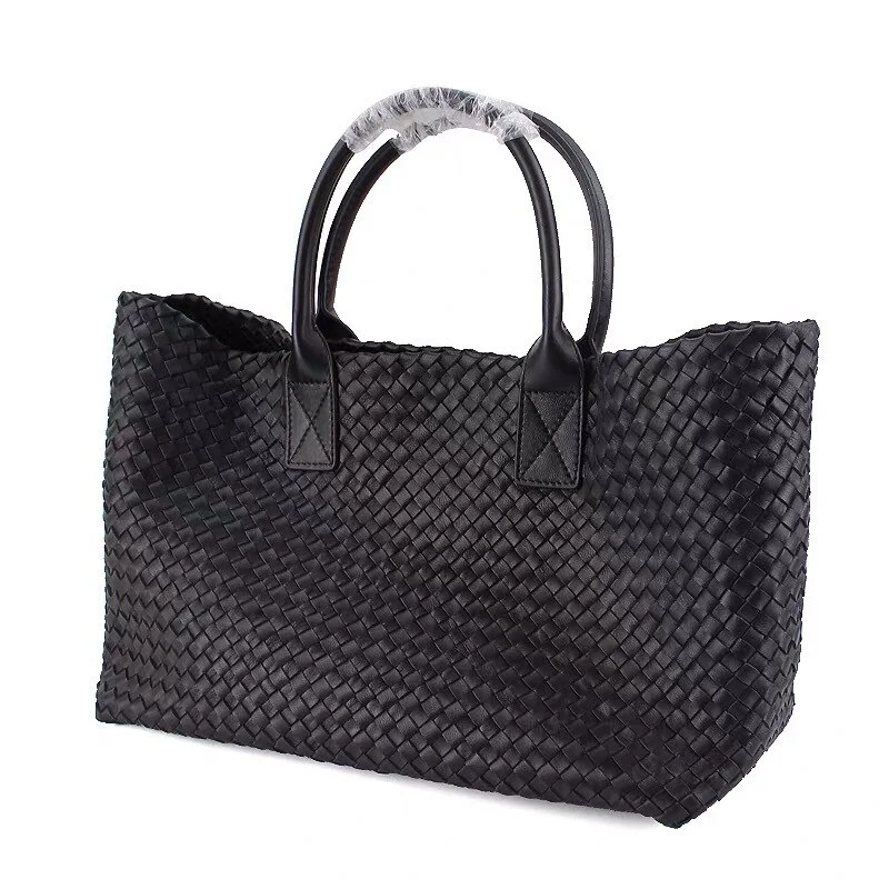 Mongw Women Tote High Quality PU Leather Knitting Shoulder Shopper Bags Luxury Woven Retro Female Large Purse Black 2021 New