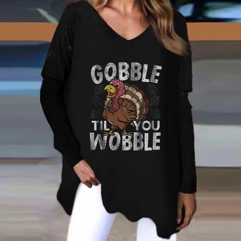 Gobble Til You Wobble Turkey Print V-neck Retro T-shirt
