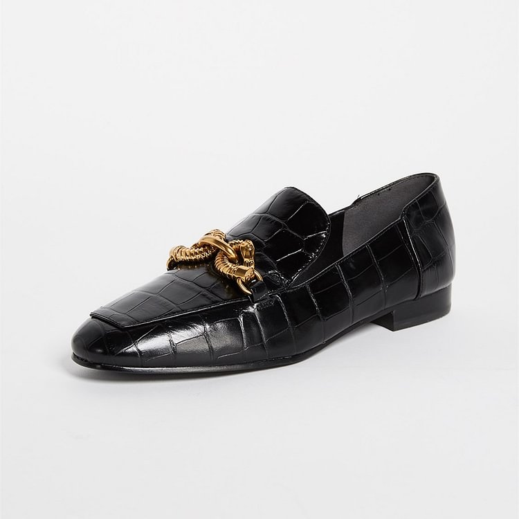 Black Almond Toe Metal Croc Loafers for Women |FSJ Shoes