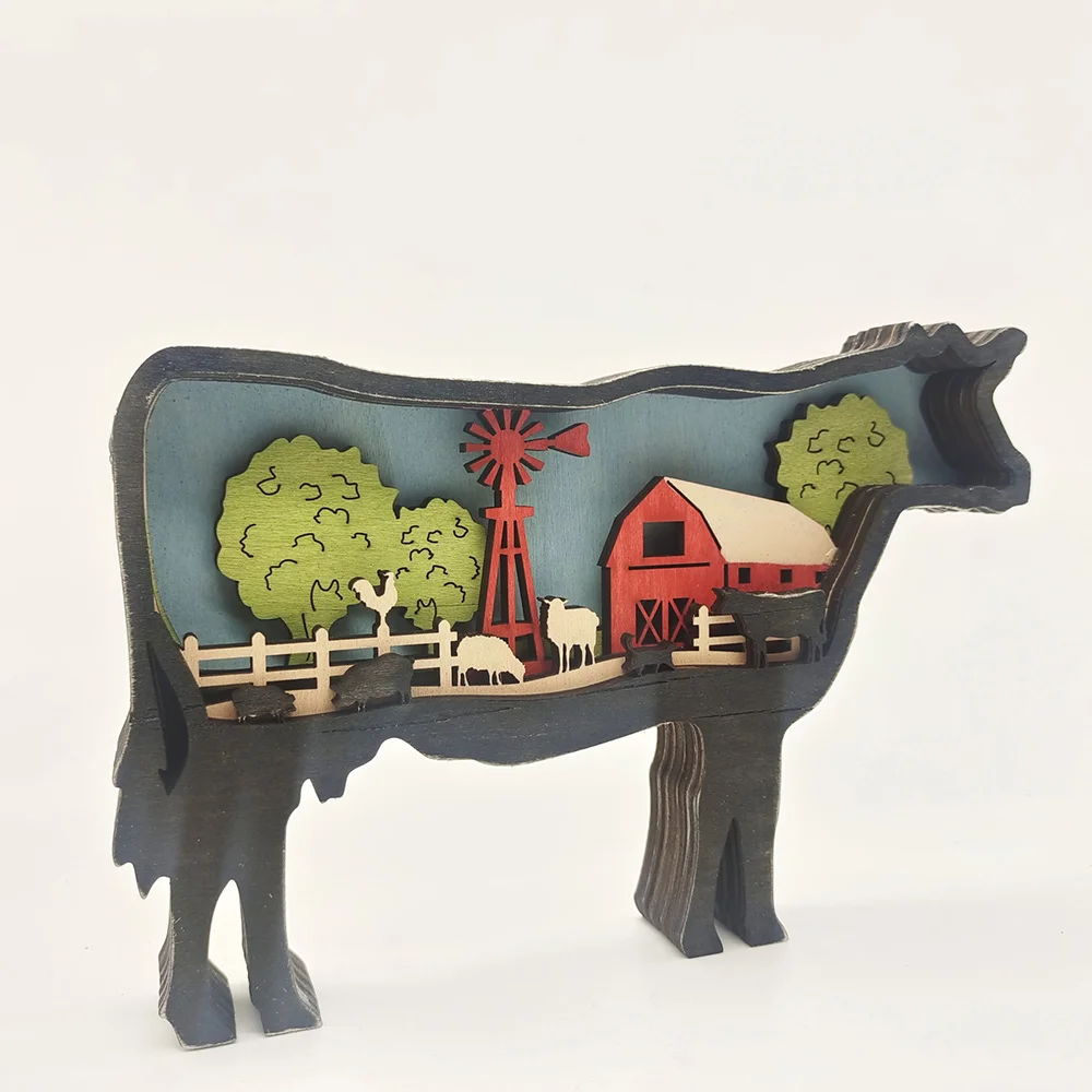 Purexcellent&trade; New creative home desktop wood carved cow handicraft decoration