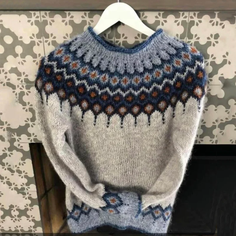 Vintage Icelandic Geometric Color Block Mid Neck Cozy Sweater