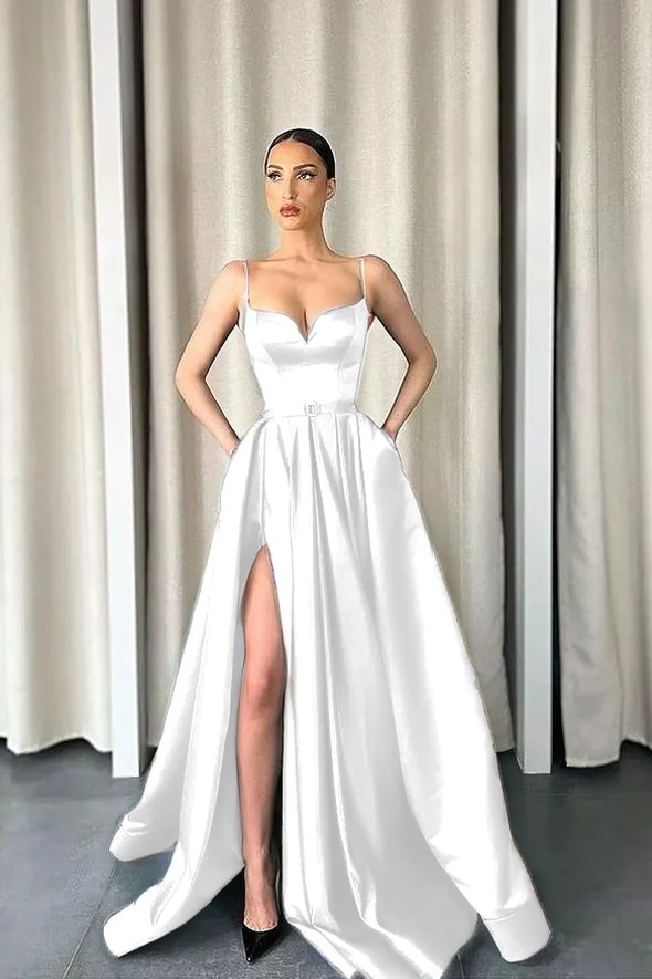 Daisda Dark Green Spaghetti-Straps A-Line V-Neck Long Prom Dress With Split