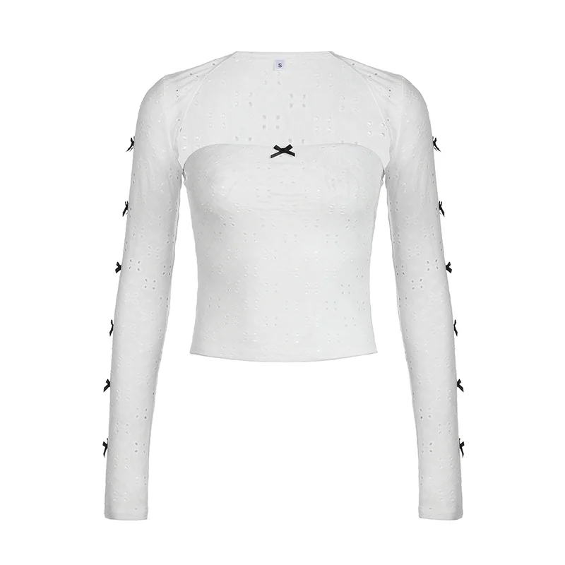 Ueong Desire Atmosphere Feeling Girl Little Sexy Bow Splicing Slim Chest Ultra-Short Blouse Two-Piece Set 2024 New Style