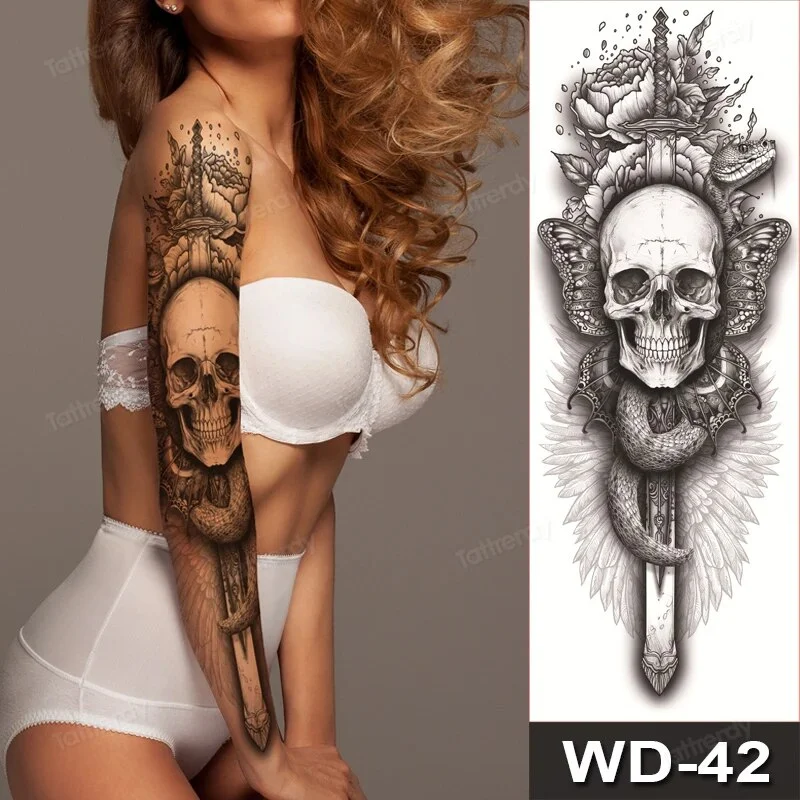 Sdrawing Size Leg Thigh Temporary Tattoo Stickers Full Arm Sleeve Wolf Carp Fox Peony Flower Fake Tattoo Sleeves Sexy Body Painting