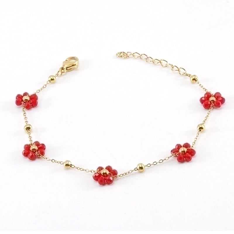Fashion Flower Artificial Crystal Titanium Steel Beaded Plating 18k Gold Plated Bracelets Necklace
