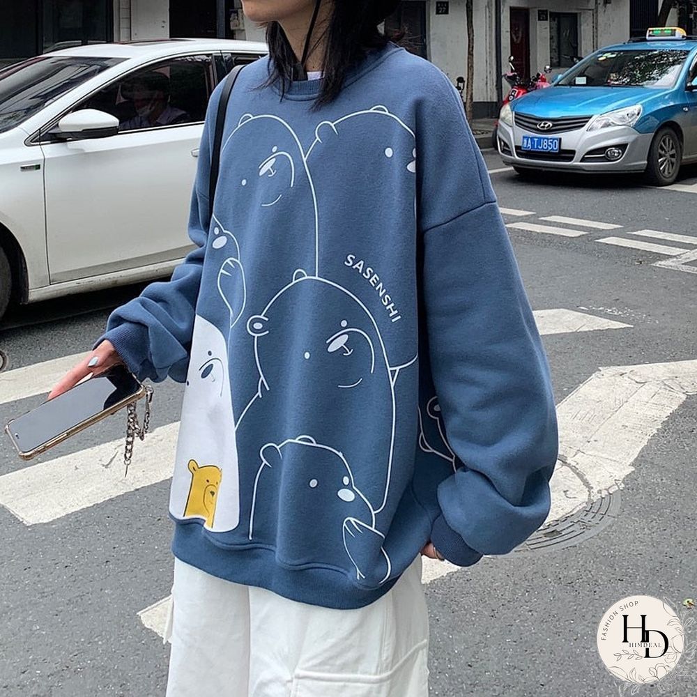 Womens Sport Shirt Spring Kpop Loose Long-Sleeved Coat Student Cartoon Print Top Harajuku