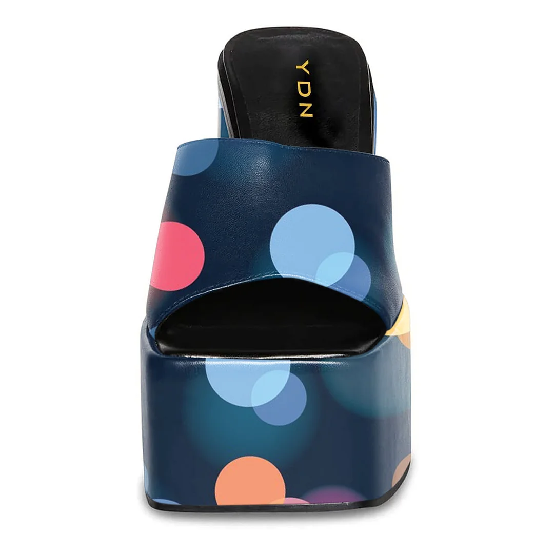 Blue Vegan Leather Square Toe Colorful Printed Inlay Block Heel Mules