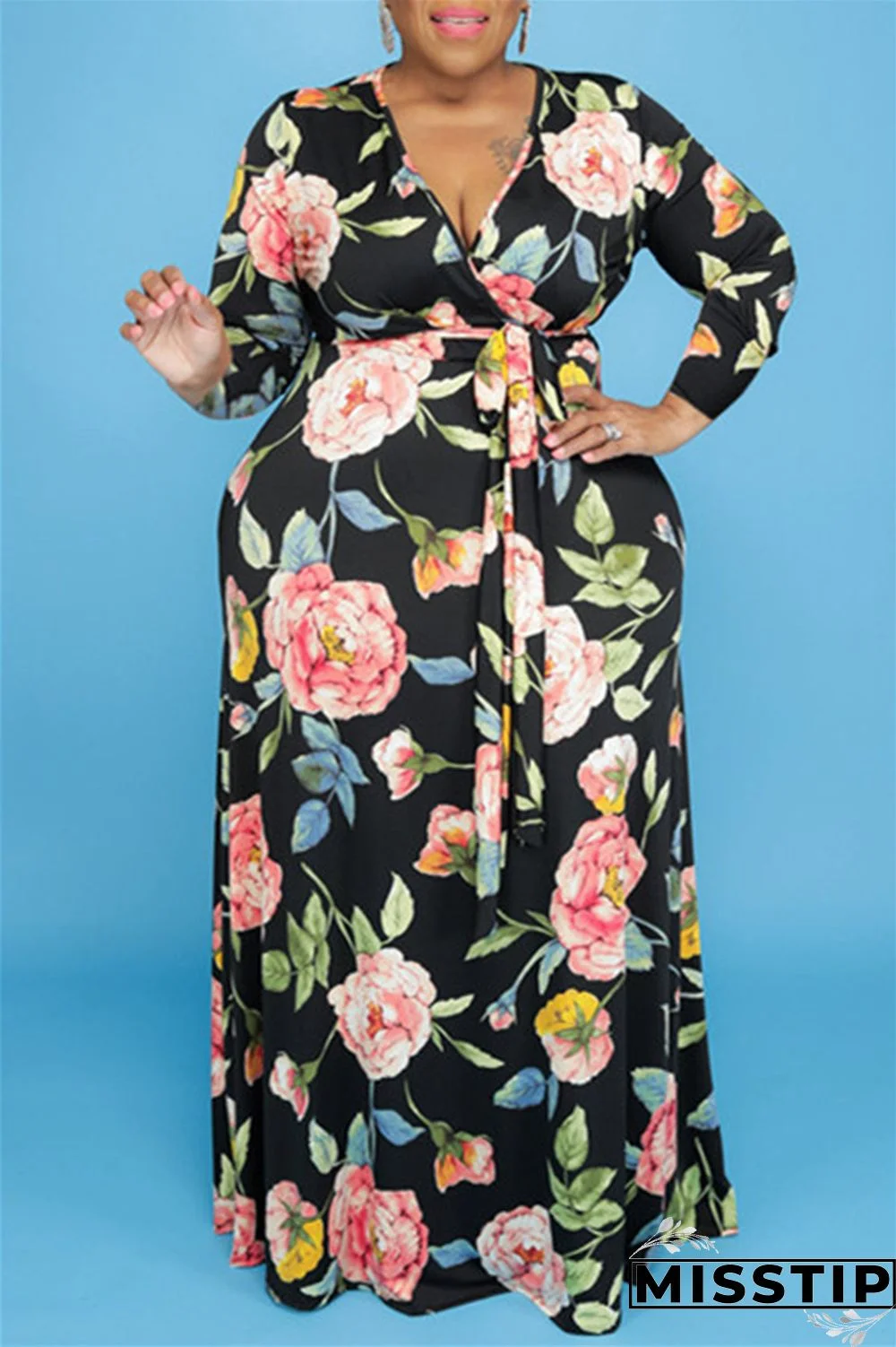Black Fashion Casual Plus Size Print With Belt V Neck Long Sleeve Dresses