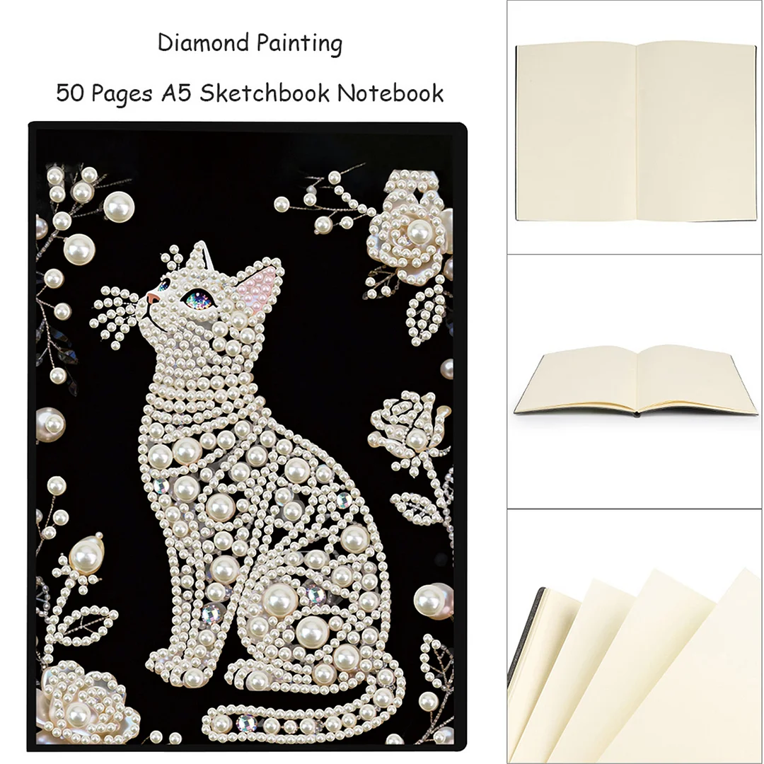 Flowers and Cat Partial Pearl DIY 50 Pages A5 Diamond Painting Notebook Special Shaped Diamond Art Diary Book Kits Wireless Strip 5D Crystal Art Paintings Sketchbook for Art Drawing