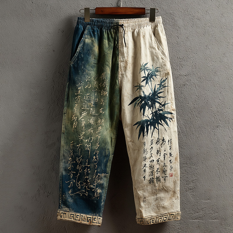 Men's  Vintage Ancient Calligraphy And Bamboo Leaves Printed Art Linen Blend Pants elevenforest