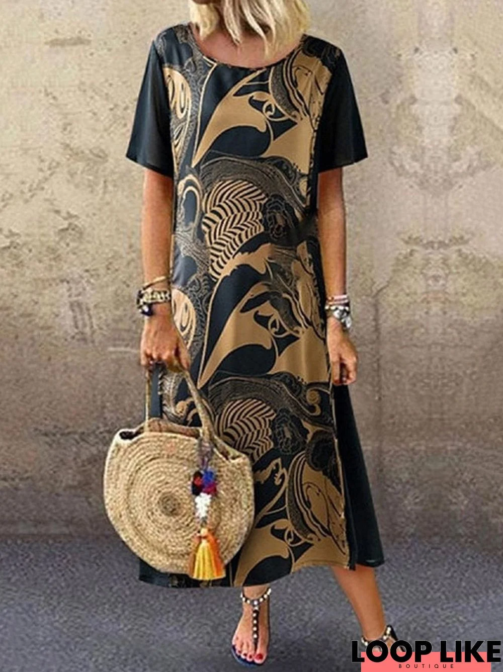 Vintage Printed Short Sleeve Round Neck Midi Dress