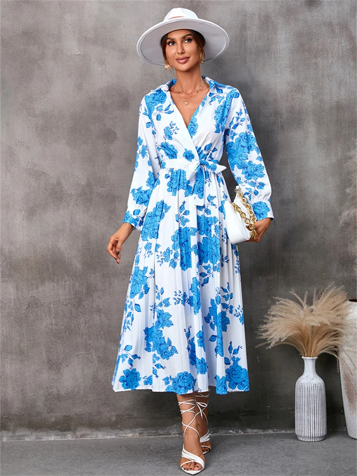 V-Neck Printed Long Sleeve Mid Length Dress