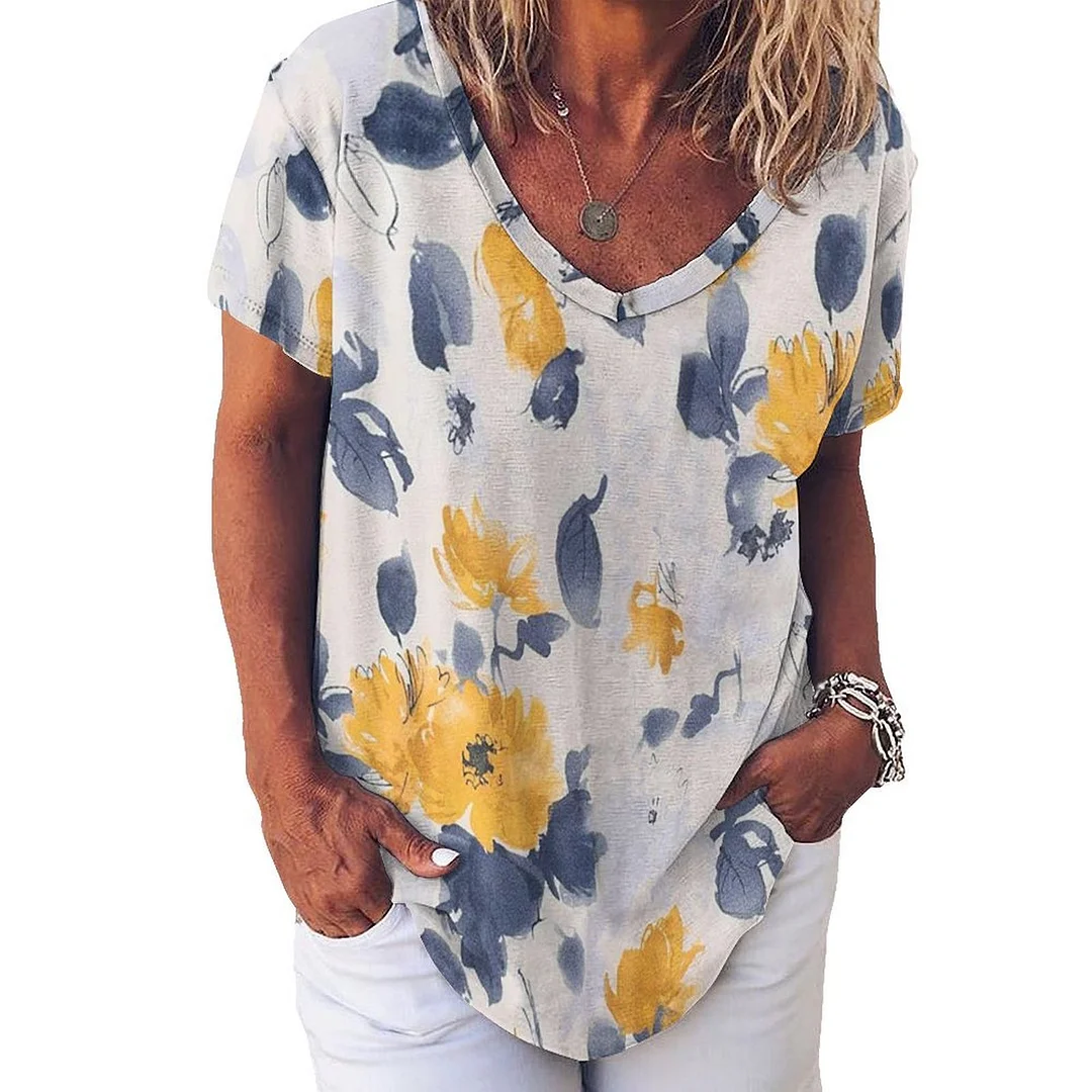 V-neck Short Sleeve Casual T-shirt for  Women Printed with Pattern Floral, Yellow