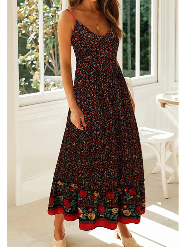 Women plus size clothing Women's Sleeveless V-neck Graphic Floral Printed Midi Dress-Nordswear