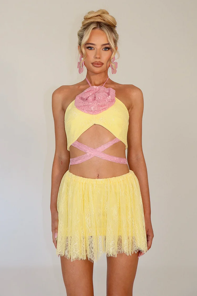 3D Flower Colorblock Lace Crop Top Mini Skirt 2pcs Set-Yellow [Pre Order]