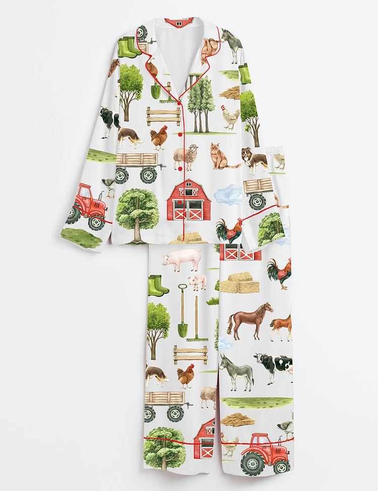 Women&rsquo;s Farm Animals Mill Horse Cow Pig Chickens Donkey Sheep Trees Tractor Barn Long Sleeve Satin Pajama Set