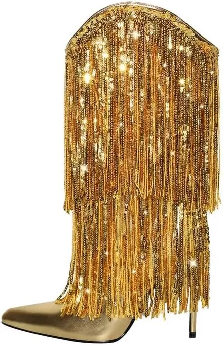 VCSHOES Cowboy Cowgirls Women Mid Calf Boots Thin High Heels Pointed Toe Shiny Glitter Tassels Shoes Woman Long Boots 44