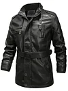 Men's Casual Solid Color Biker Washed Stand-up Collar Leather Jacket PU Leather Jacket Zipper Insert Pockets Belt Padded Jacket-KZyou