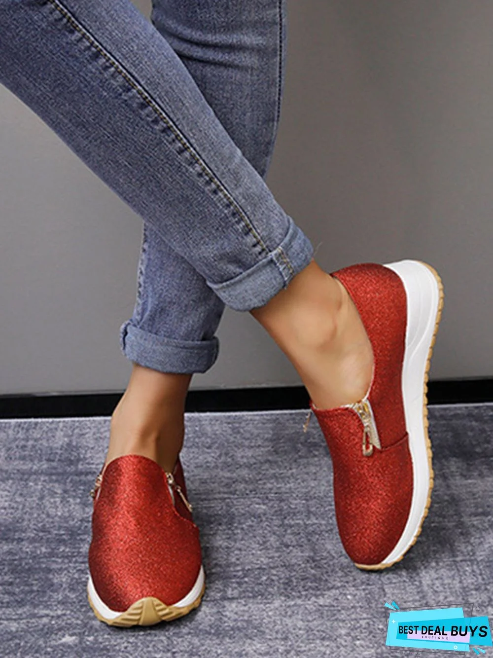 Lightweight Soft Sole Zip Glitter Casual Sneakers