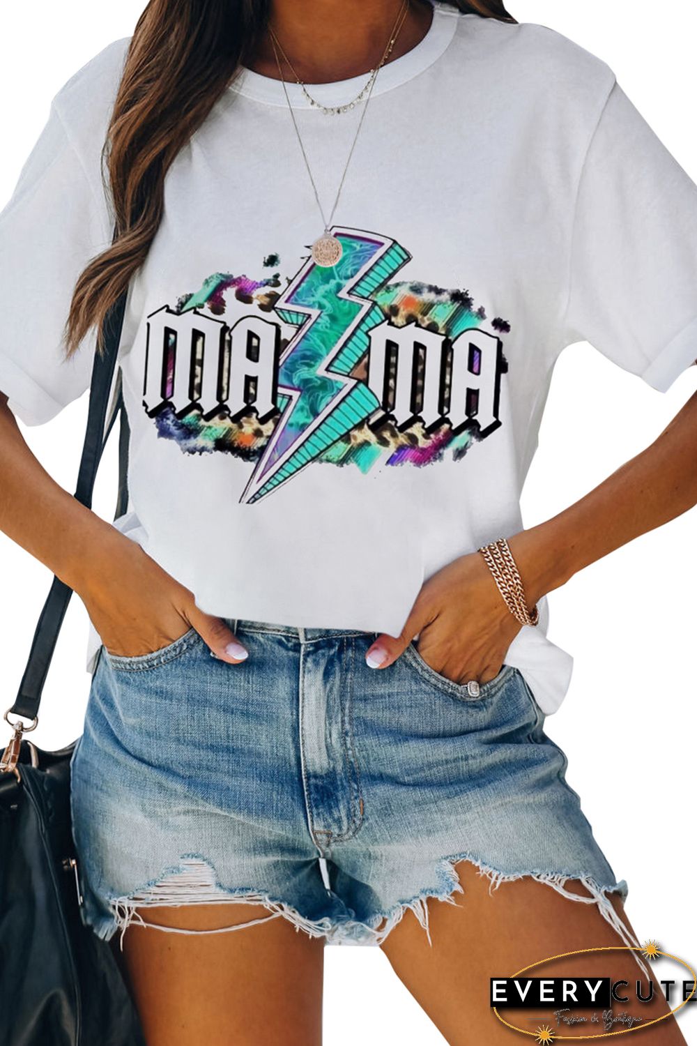 White MAMA Lightning Graphic Print Short Sleeve T Shirt