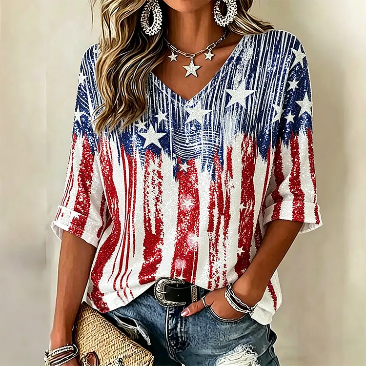 Women's Usa Anniversary Stars And Sequins Art Print V-neck Short Sleeve Top
