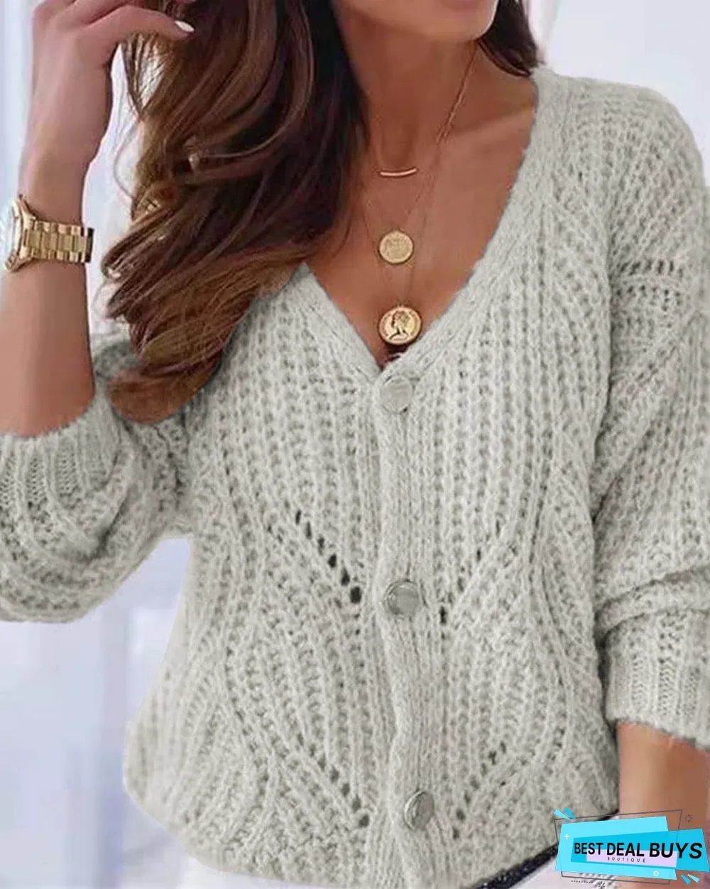 Long Sleeve Knit Buttoned Hollow Out Cardigan