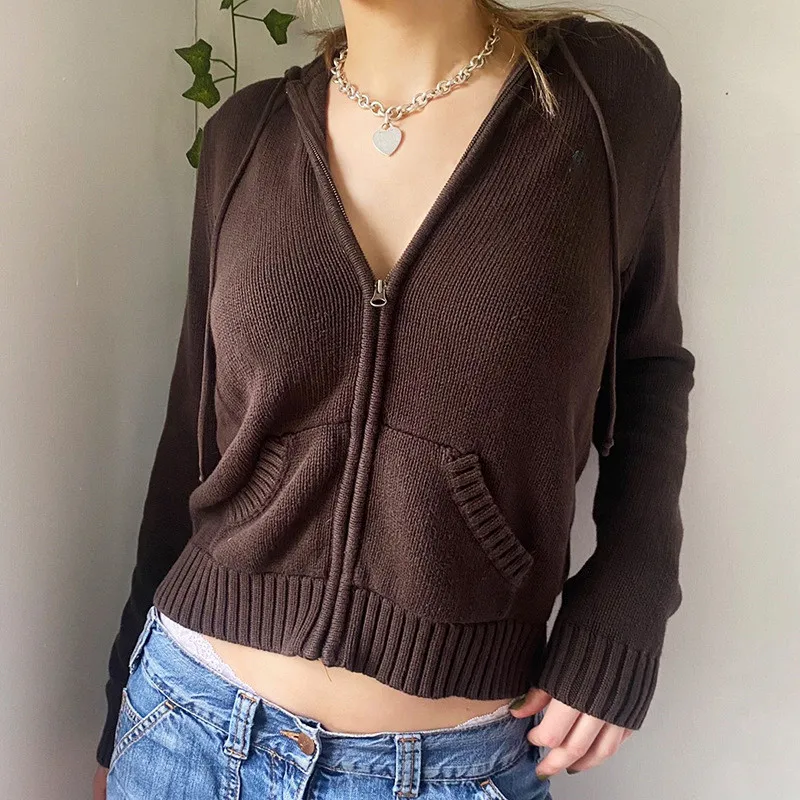 Vurtigorasn Women’s Knit Coat Zip Up Hooded Jacket Solid Color Long Sleeve Sweatshirt Autumn Casual Punk Gothic Grunge Y2K Tops Outerwear