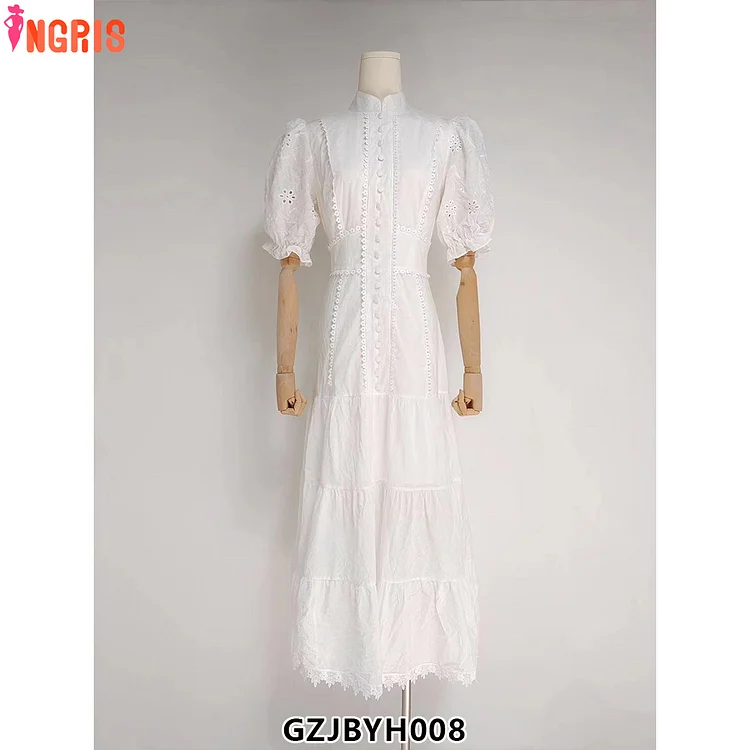 Summer Dress Solid Lace Stand Vintage Woven Vintage Clothing Summer Products Maxi Plain Dyed-GZJB008