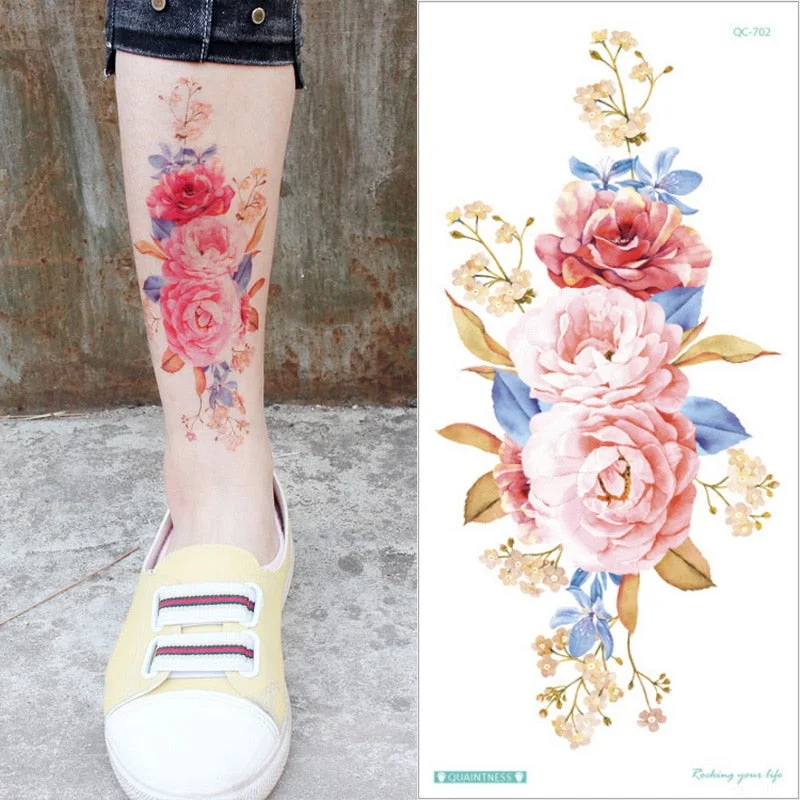Waterproof Temporary Tattoo Sticker Rose Flowers Leave Flash Tattoos Body Art Arm Fake Sleeve Tatoo Black Women Girls Wrist