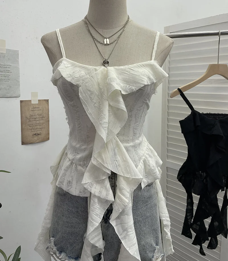 Brownm Dark Wasteland To Make Old Hole Slings Vest Irregular Lotus Side Ribbon Short Sleeveless Top 9238