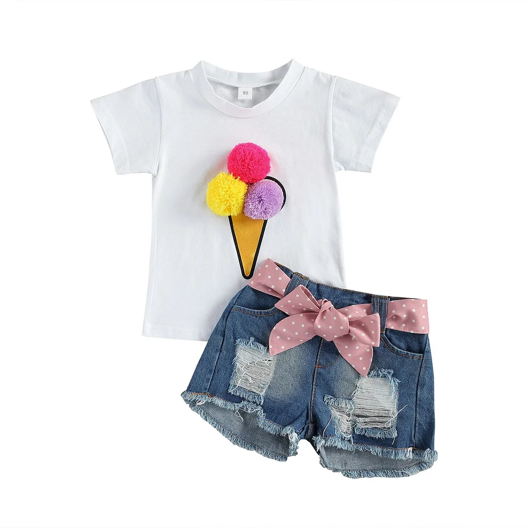 Kids Baby Girls Fashion 2-piece Outfit Set Short Sleeve Pompom Tops Shirt +Ribbed Denim Shorts Set 1-6T