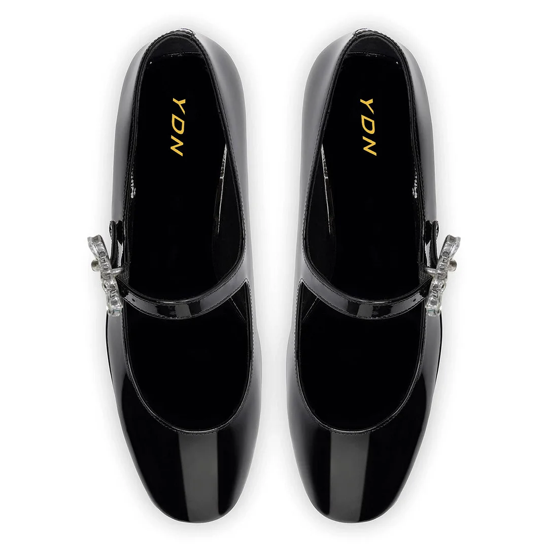 Black Patent Rhinestone Buckle Round Toe Wedge Heeled Mary Janes