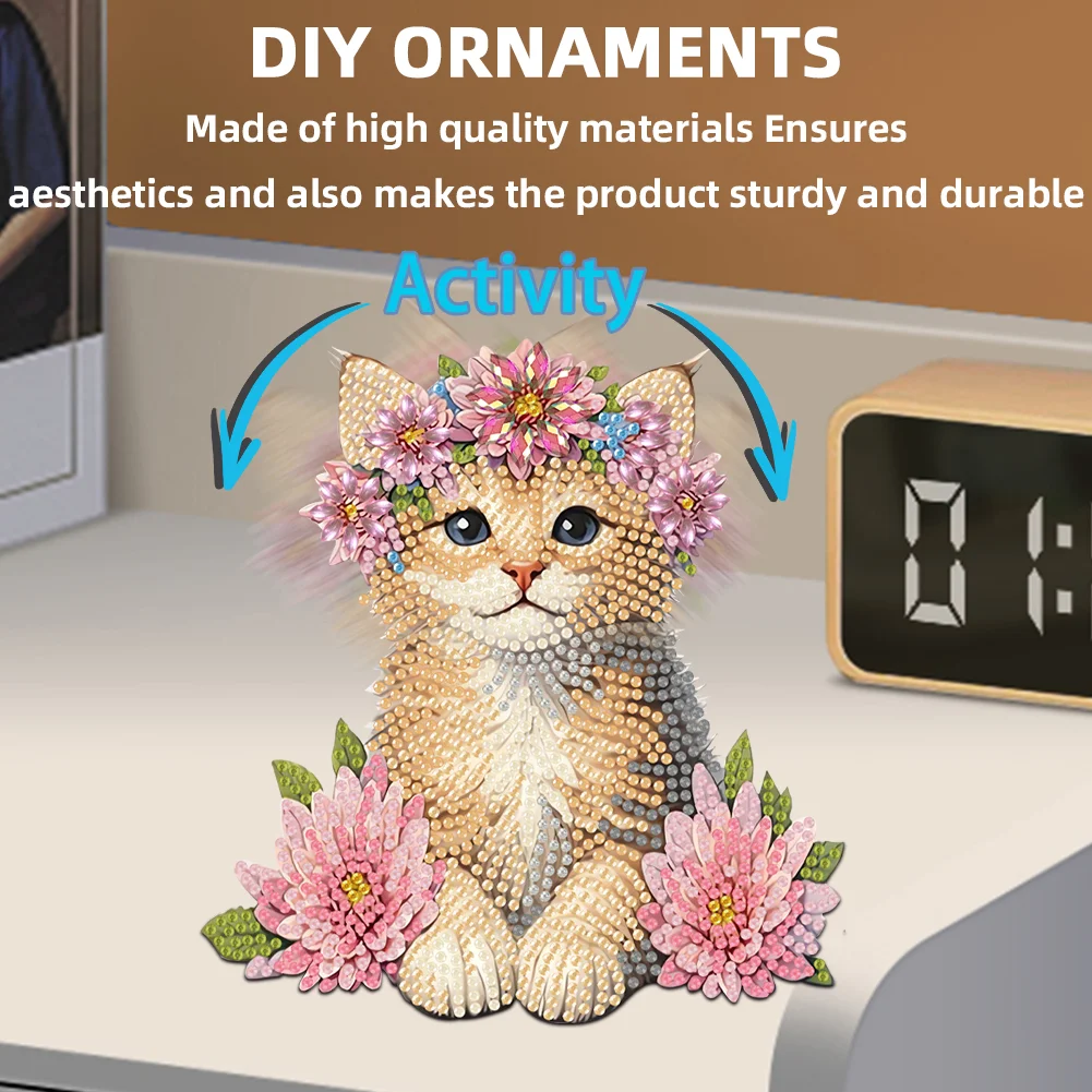 2D Flat Cat DIY Shaking Head Cat Pink Flower Diamond Painting Desktop Decoration