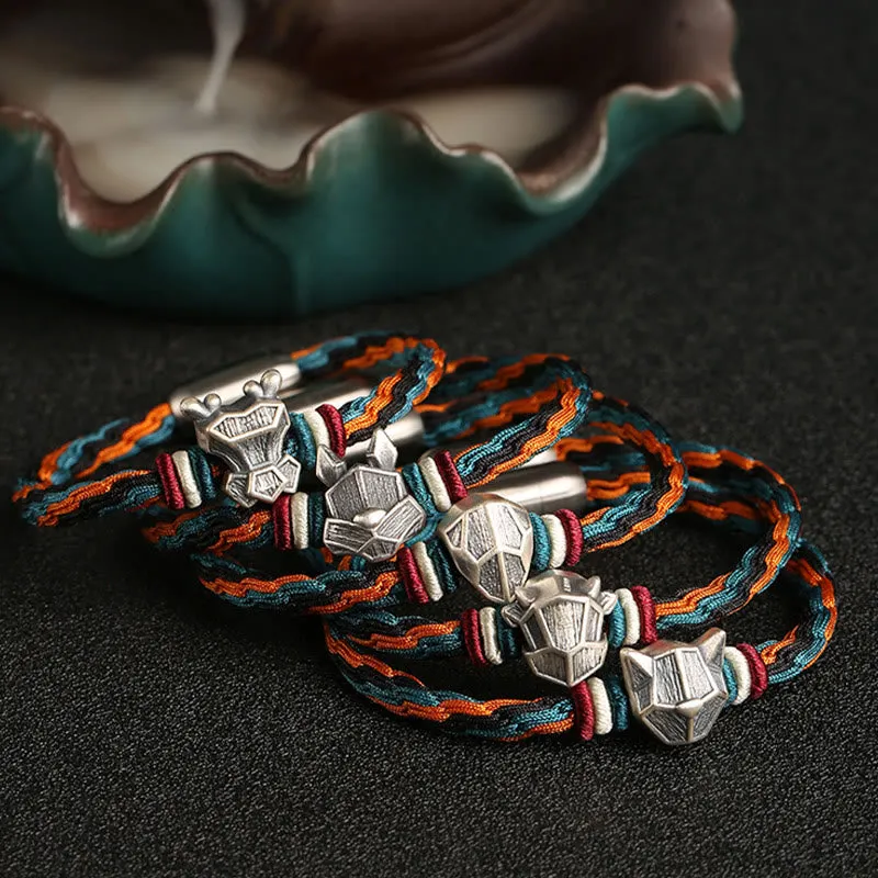Handmade 999 Sterling Silver Year of the Dragon Chinese Zodiac Protection Colorful Reincarnation Knot Rope Bracelet