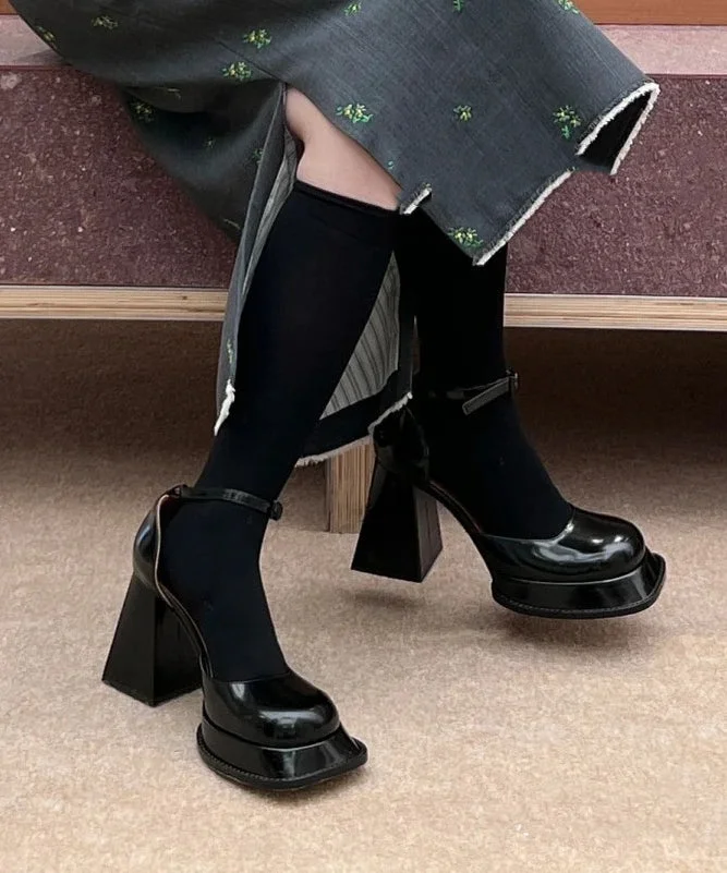 Black Chunky High Heels Faux Leather Stylish Splicing Buckle Strap
