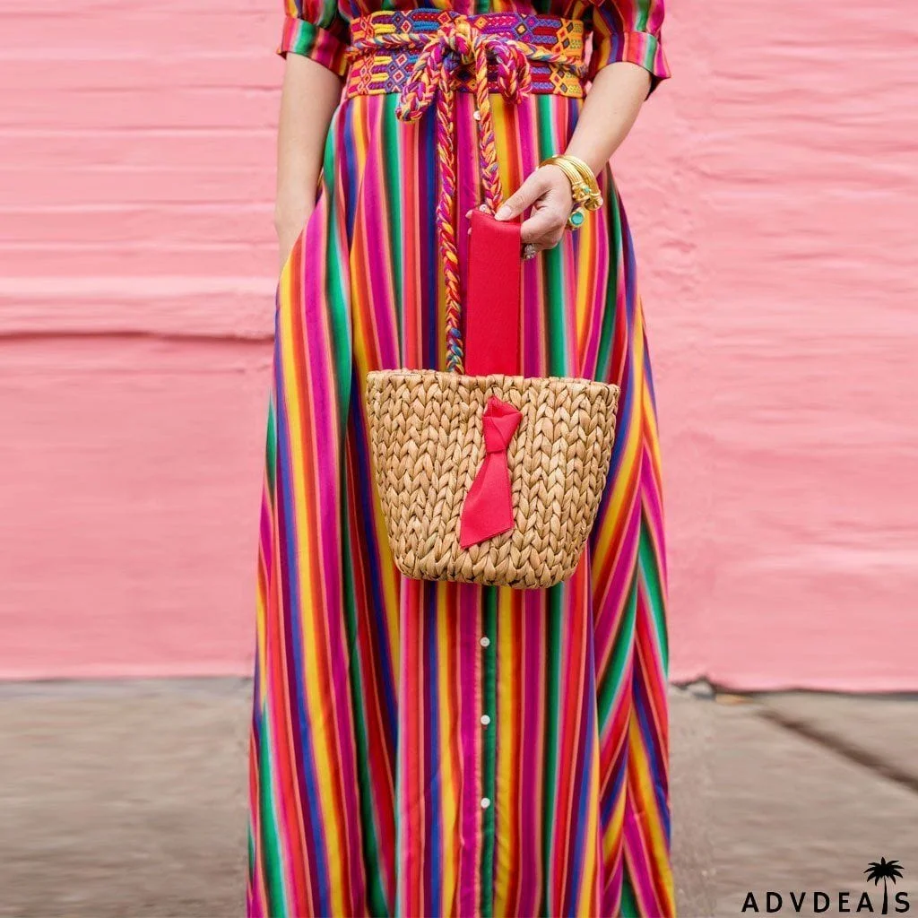 BOHO Button Down Collar Stripes Roll Up Sleeve Maxi Vacation Dresses