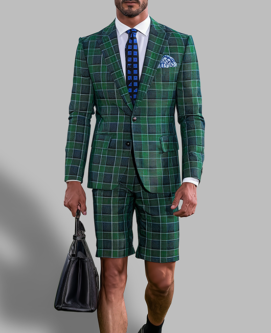 Business Peaked Lapel Plaid Blazer & Shorts 2Pcs Set