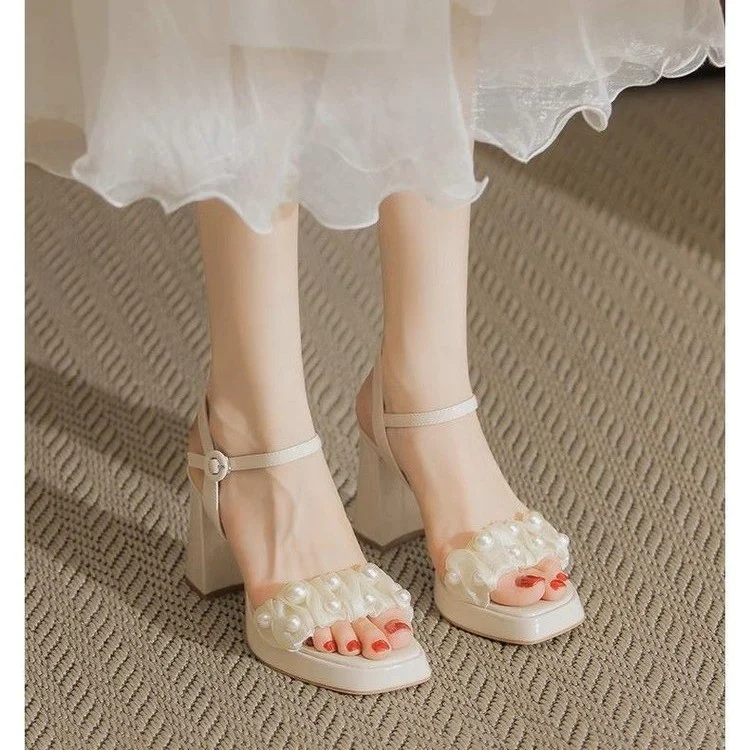 Toloer Toloer Open-Toe Sandals For 2024 New Summer French Dress With Pearl Heels-Outfit Ideas