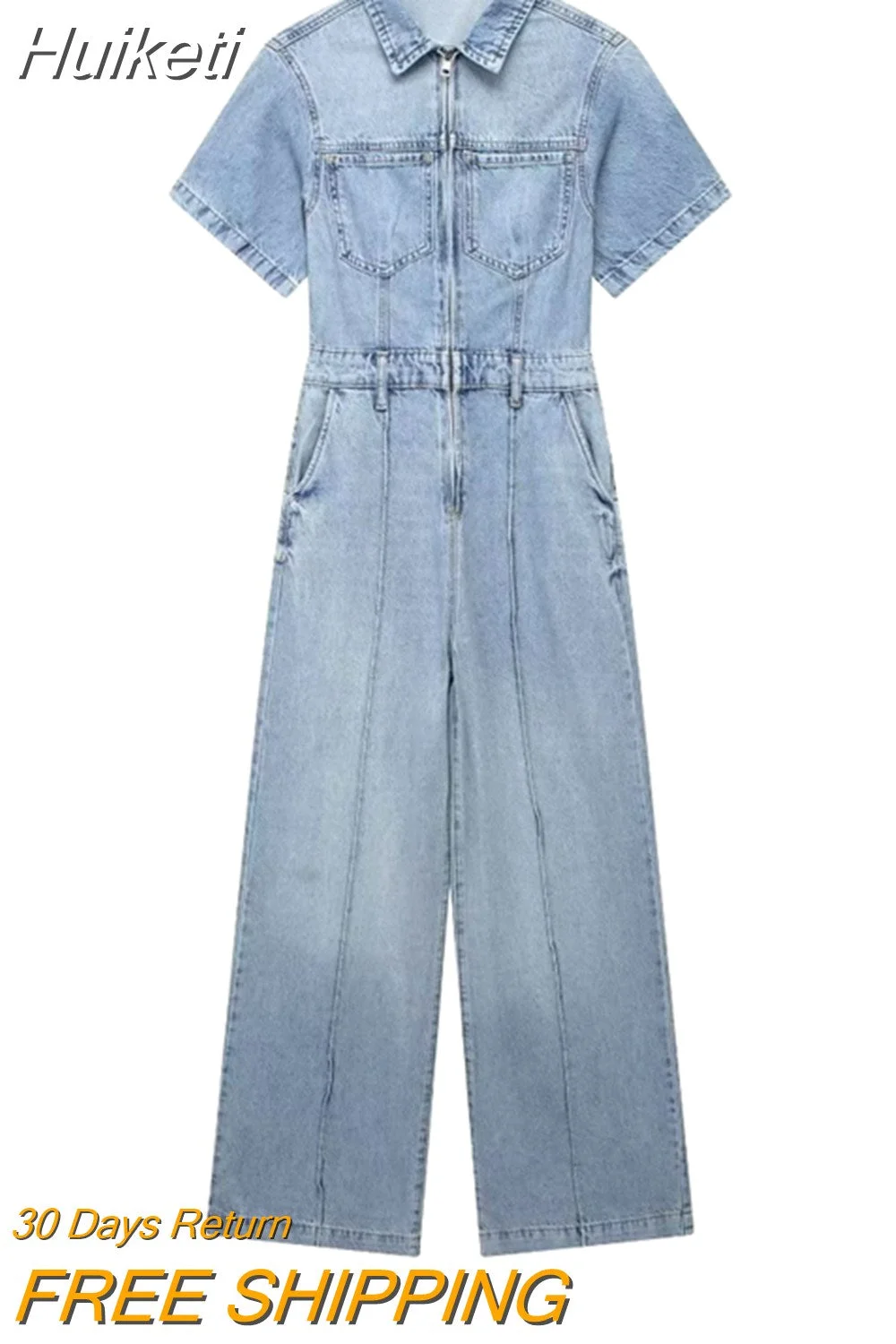 Huiketi 2023 Fashion Vintage Women Denim Blue Jumpsuits Elegant Short Sleeve Lapel Collar Pocket Jumpsuit Streetwear Trapstar