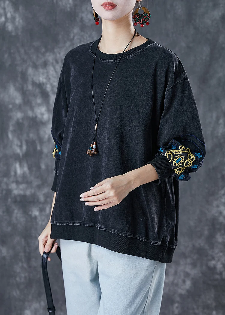 Black Oversized Cotton Pullover Sweatshirt Embroideried Fall