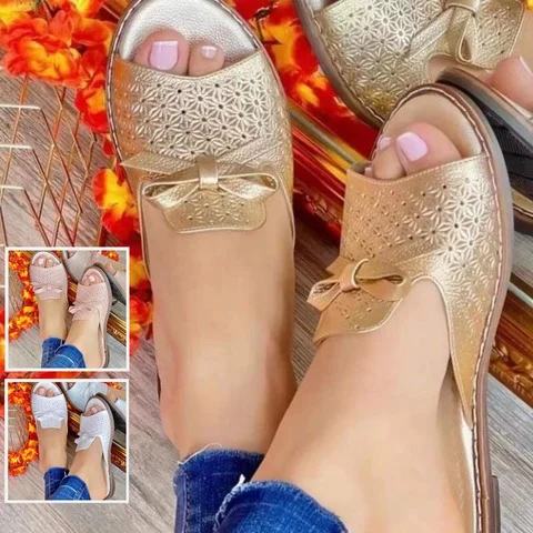 New Flat Breathable Hollow Bow Casual Slippers - Women's Orthopedic Sandals