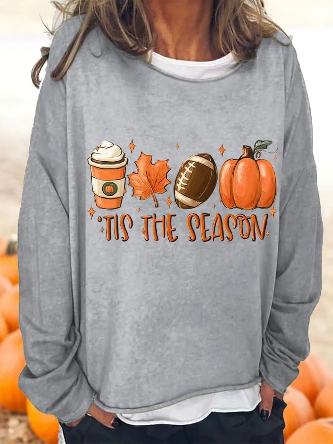 Women's TIS THE SEASON football latte leaves Pumpkin Fall T-Shirt socialshop
